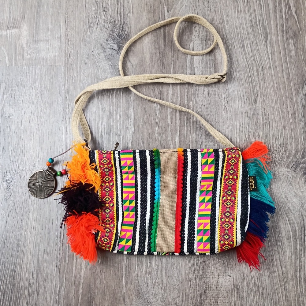 Catori Striped Multicolor Small Crossbody Bag Zip Tassel Lined Pink Cotton Boho